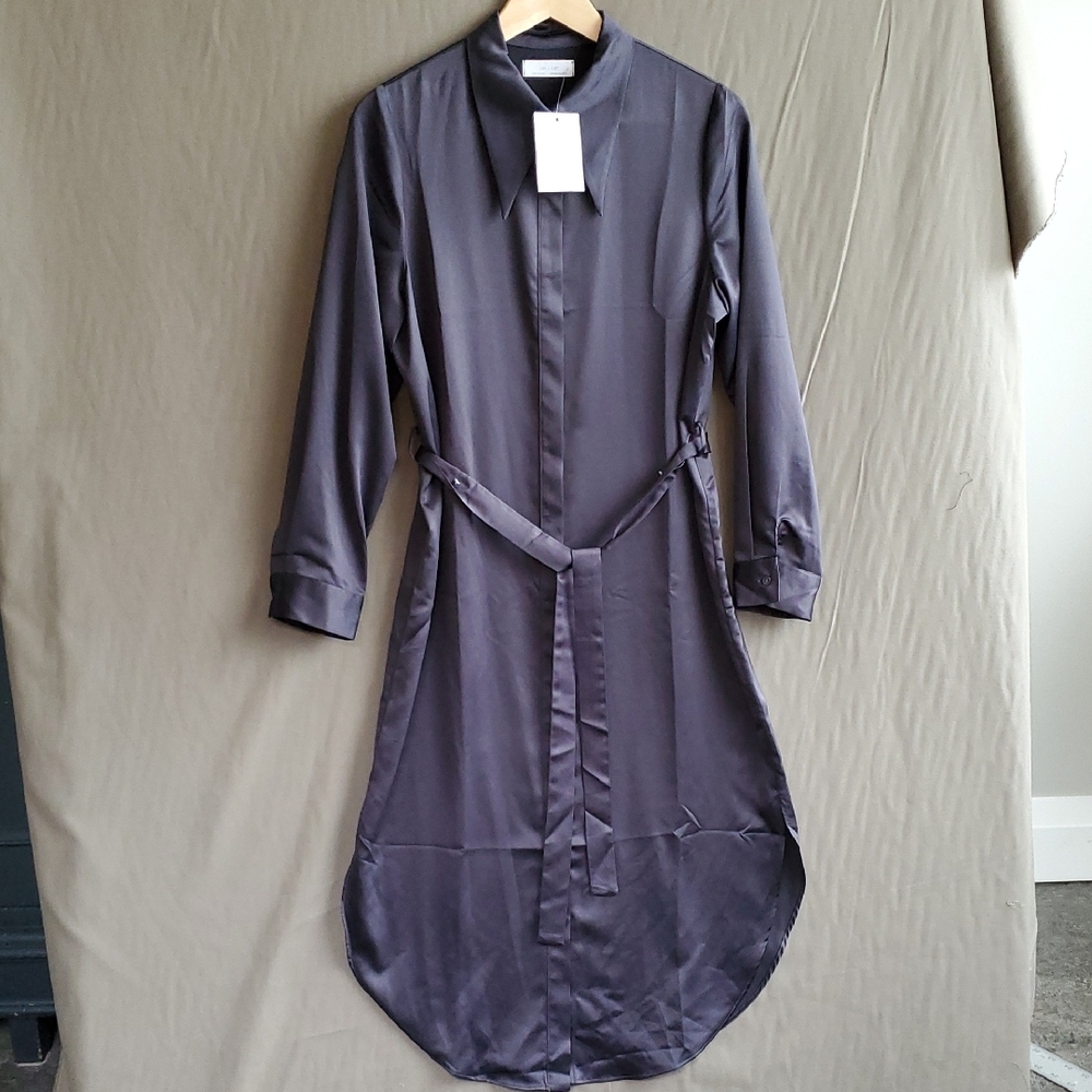 OAK+FORT Shirt Dress Soft Sheen Satin Black Pointy Collar S